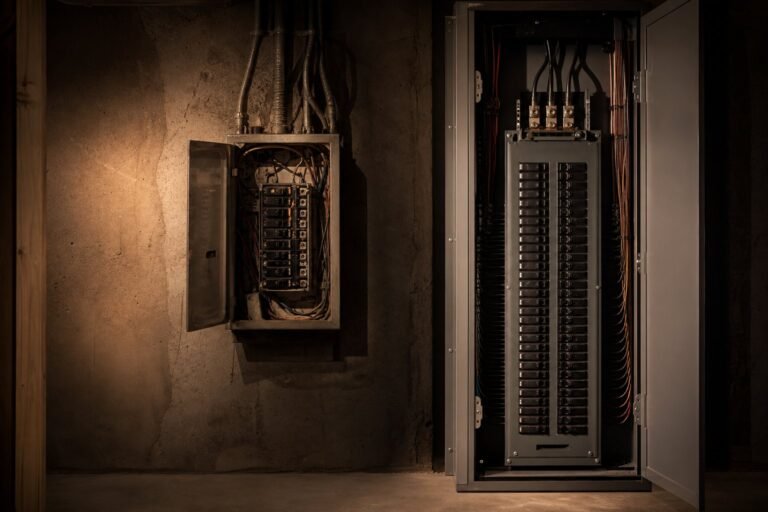 Older 100-amp electrical panel beside a modern 200-amp panel compared in a Utah home
