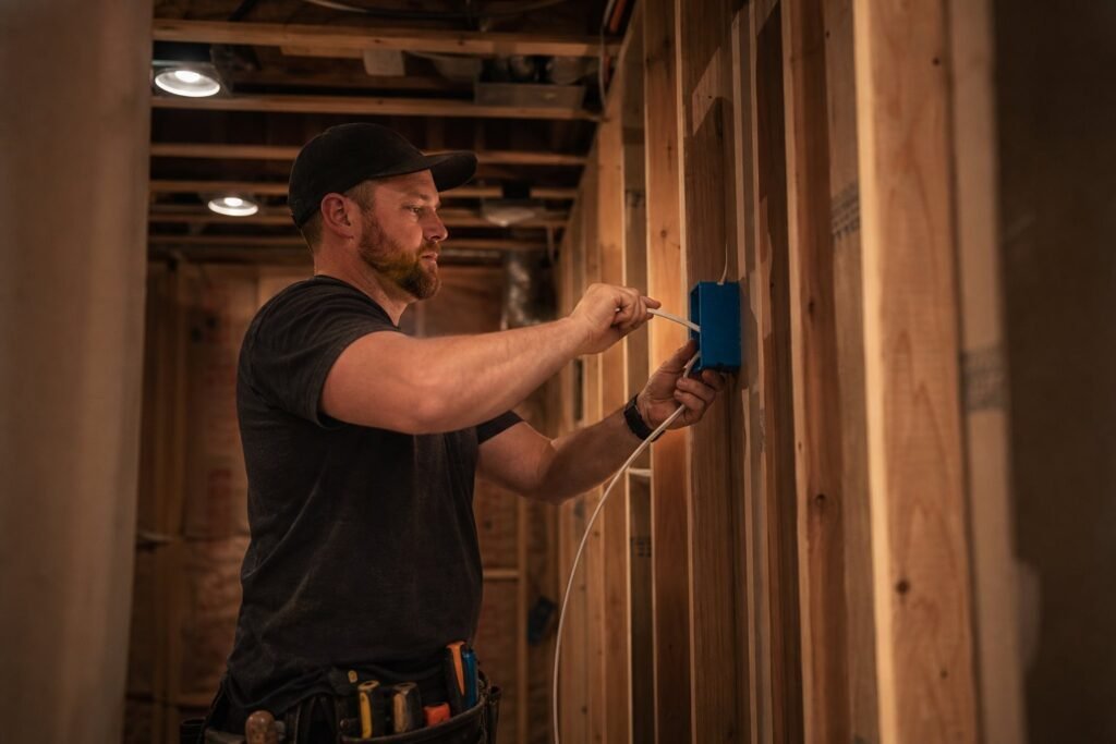 Electrician wiring outlet boxes in a framed Utah basement finish with recessed cans above