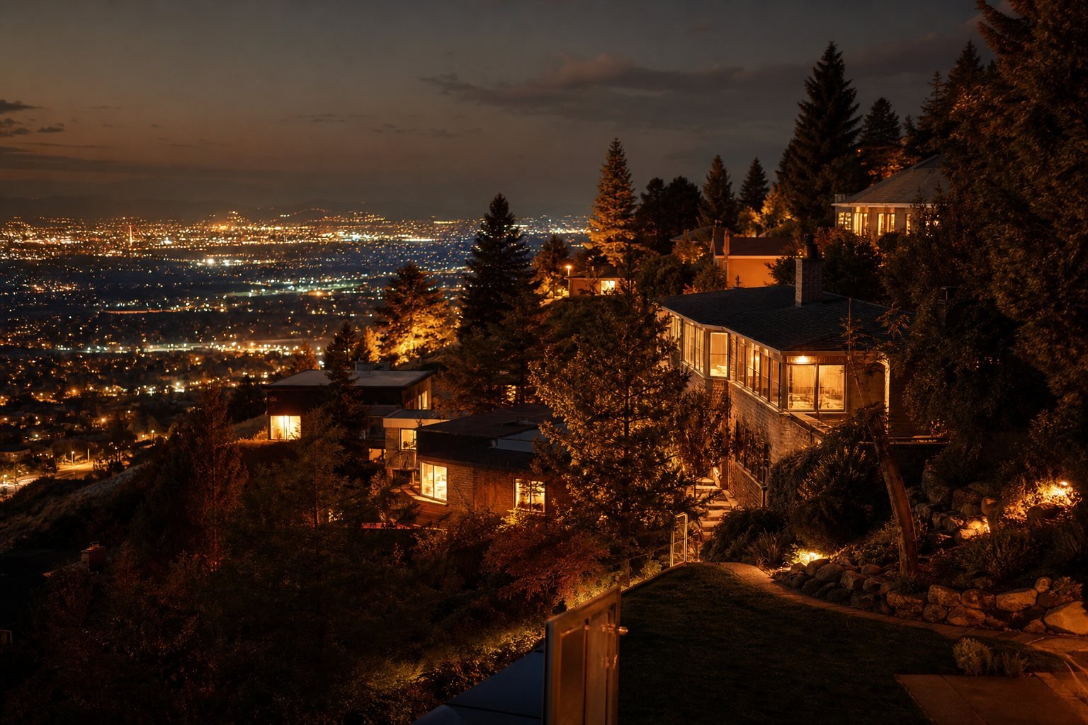 Established east-bench homes stepping up the hillside in Bountiful, Utah at dusk