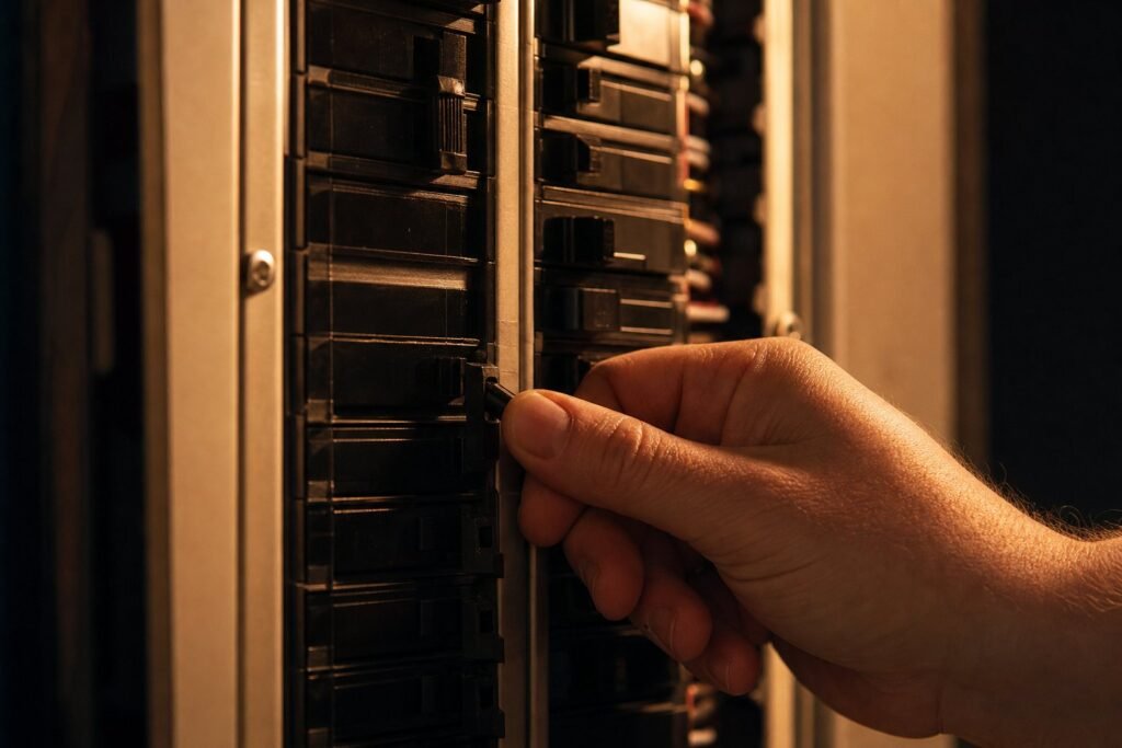 Hand resetting a tripped circuit breaker in a residential electrical panel