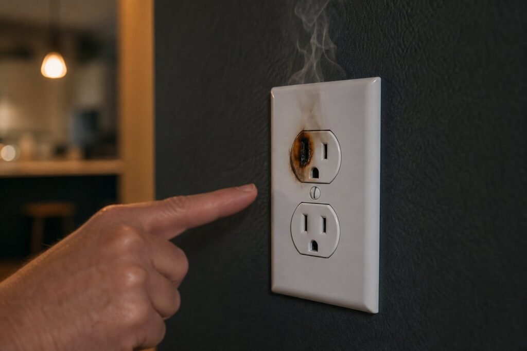 Scorched electrical outlet with burn marks, the warning sign of an overheating connection