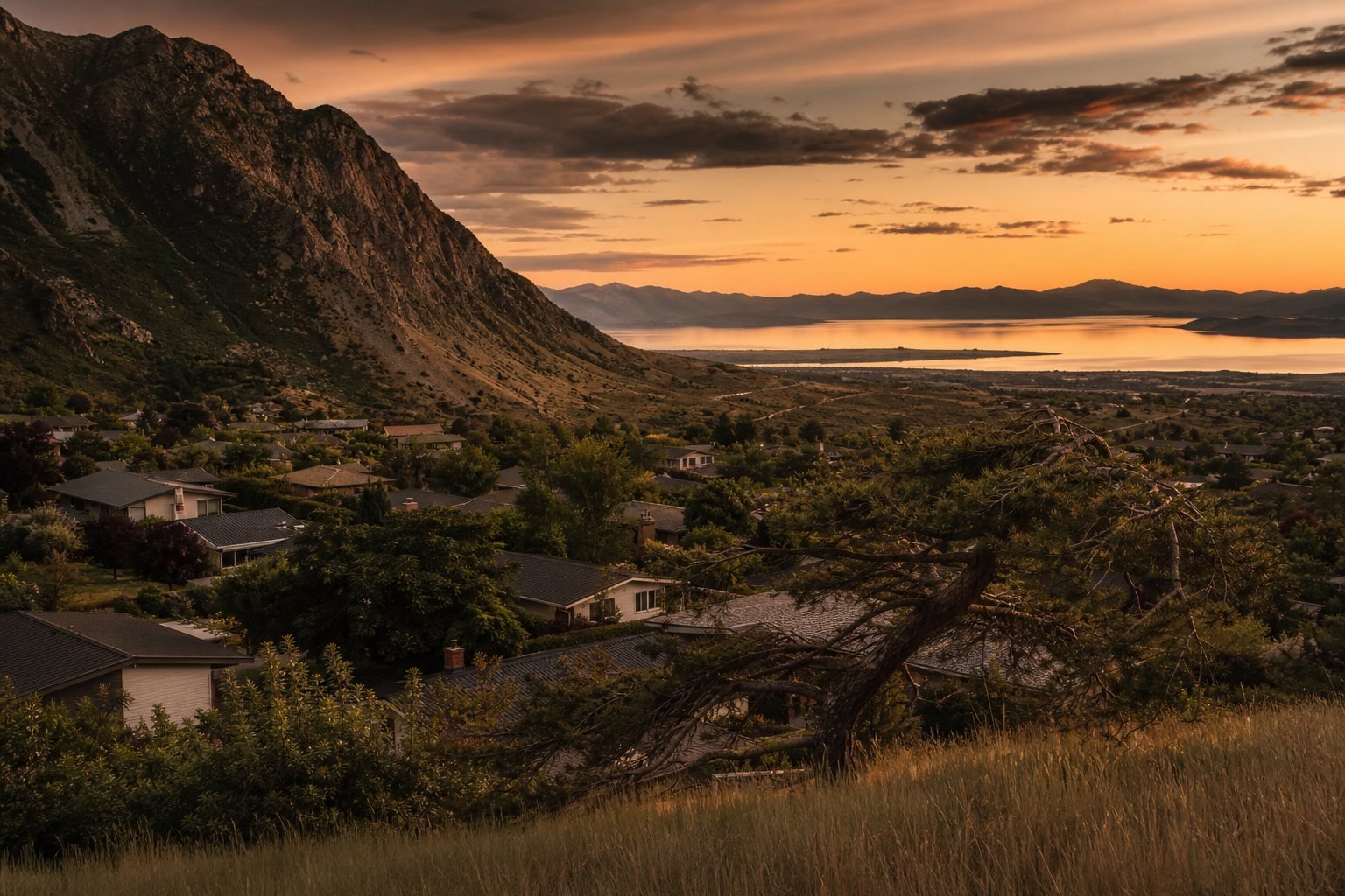 Centerville, Utah homes between the steep Wasatch front and the distant lake at dusk