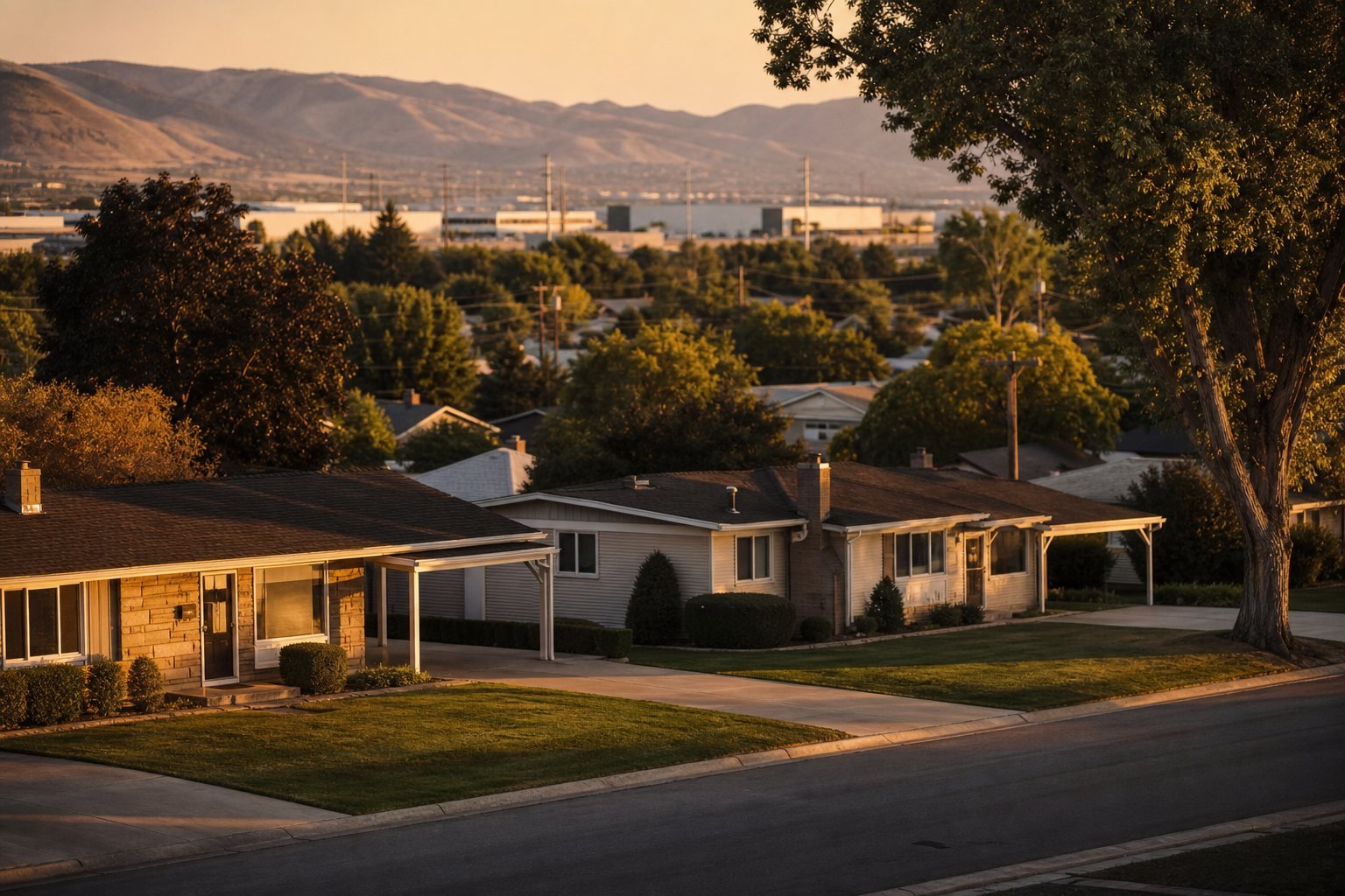 Post-war ramblers with mature trees in Clearfield, Utah at golden hour