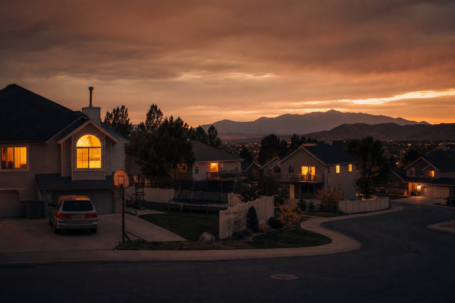 Family neighborhood cul-de-sac with split-level homes in Clinton, Utah at dusk
