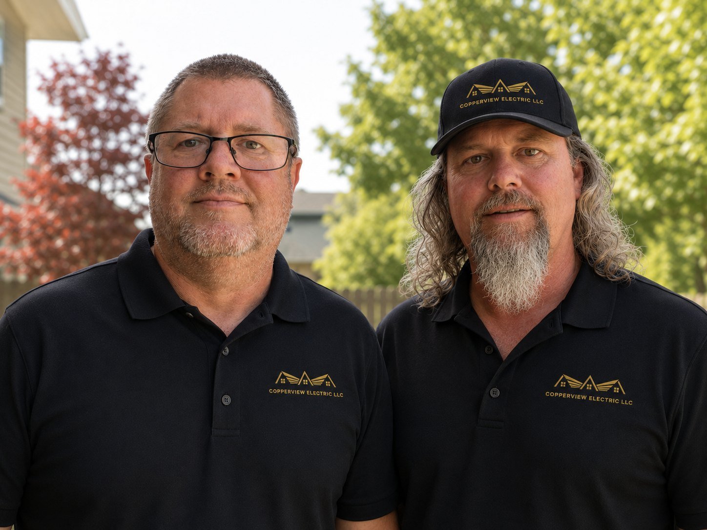 The Copperview Electric team in branded company shirts outside a Northern Utah home