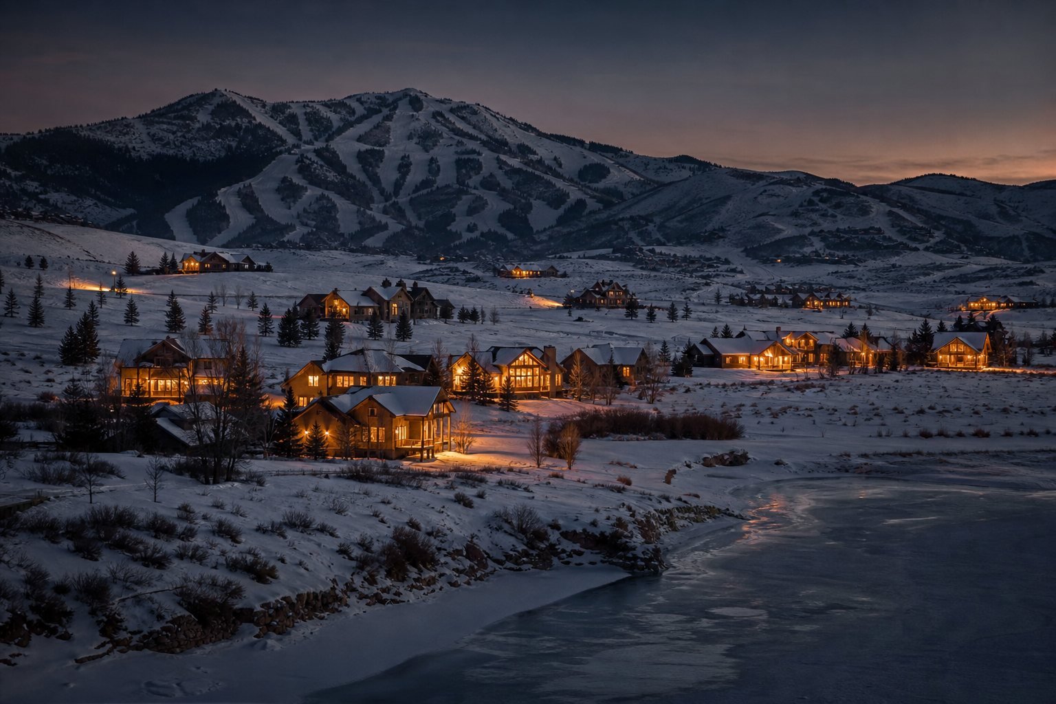 Cabins and lodge homes glowing across the snowy Ogden Valley floor in Eden, Utah at blue hour