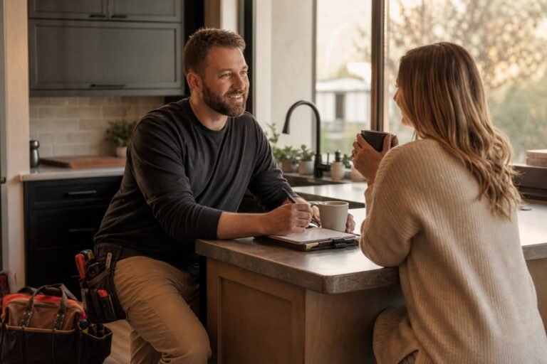 Electrician writing an itemized quote with a homeowner at a Utah kitchen counter