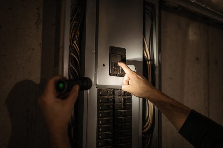 Flashlight beam on a main breaker in a dark basement during an electrical emergency