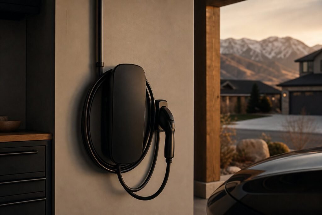 Newly installed Level 2 EV charger with fresh conduit on a finished garage wall
