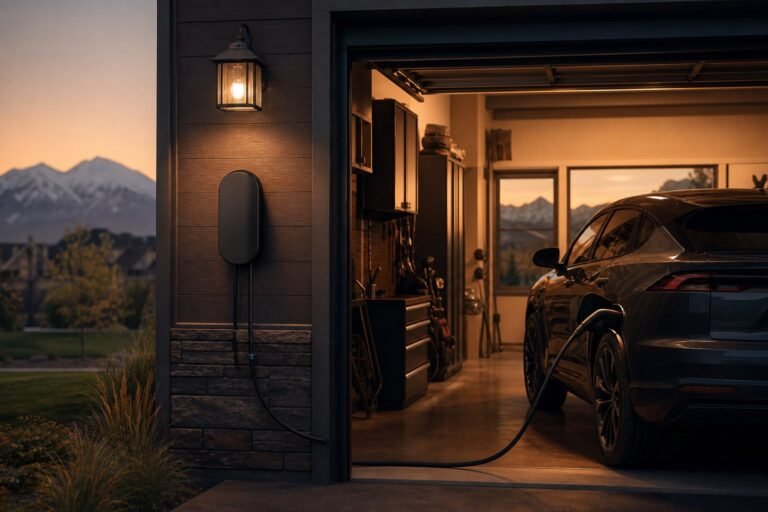 Level 2 EV charger wired in conduit charging an electric vehicle in a Utah home garage at dusk