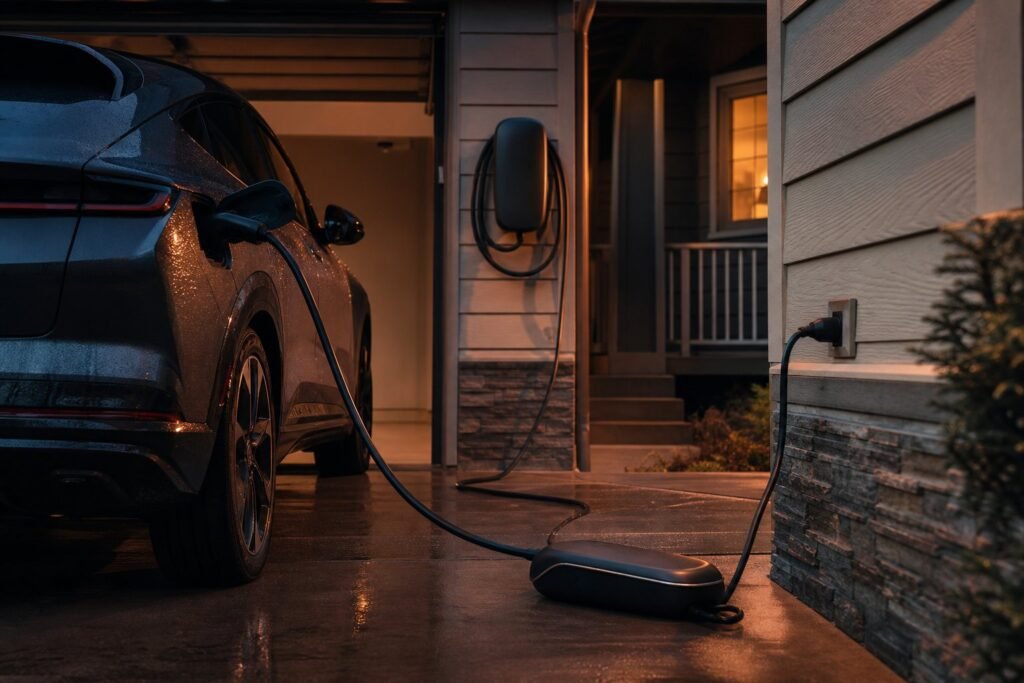 Level 1 portable cord charging next to a hardwired Level 2 wall charger in a home garage