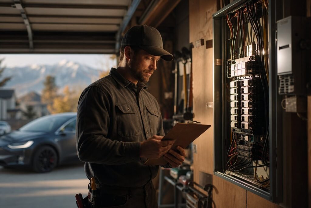 Electrician reviewing panel capacity with a clipboard before an EV charger installation