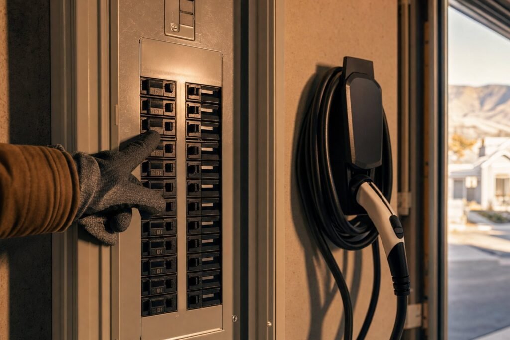 Electrician pointing out a 240-volt breaker for an EV charger circuit in a residential panel