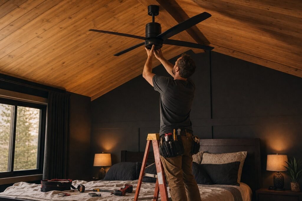 Electrician installing a modern ceiling fan on a vaulted ceiling in a Utah bedroom