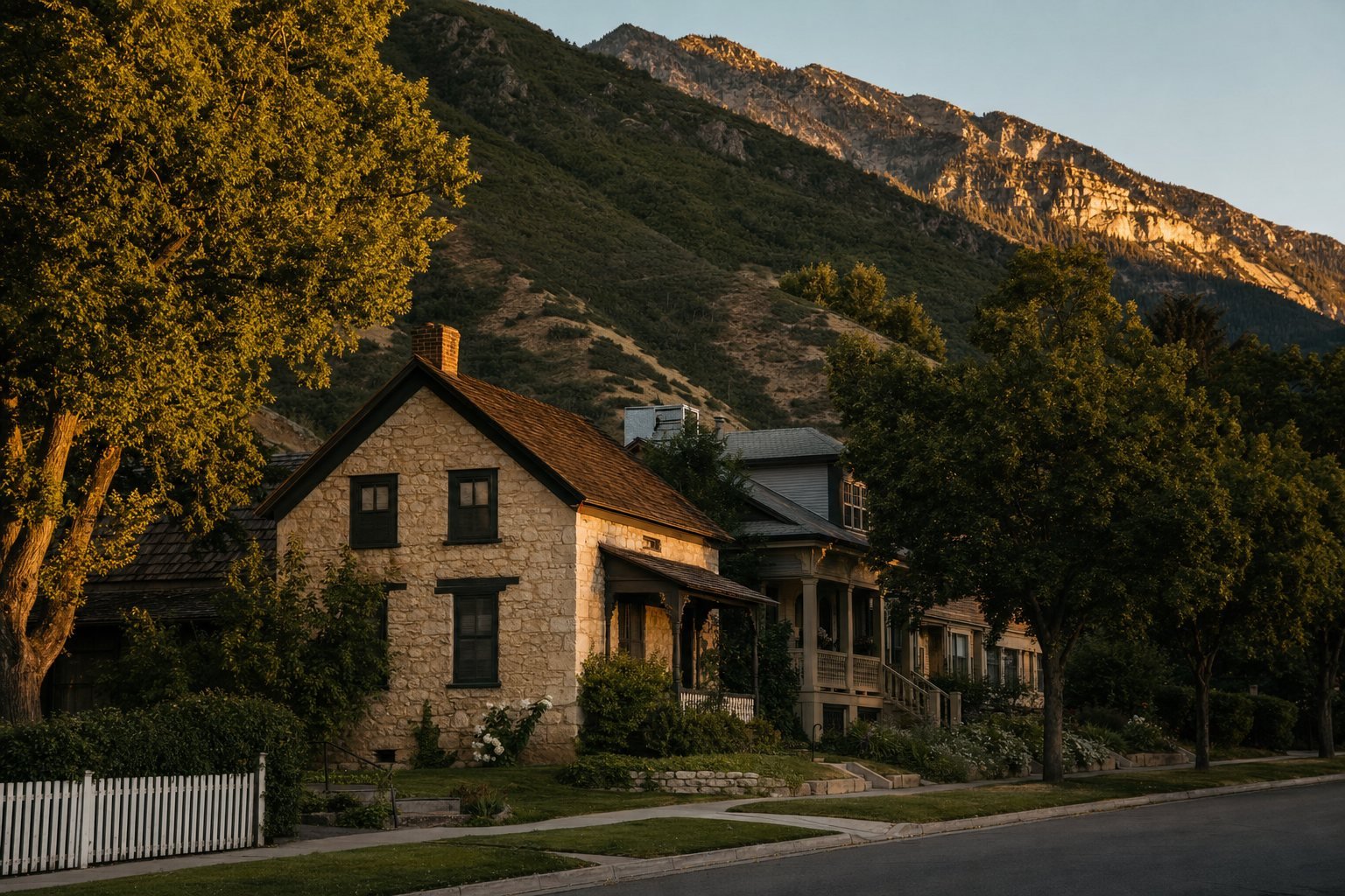 Historic rock house among established homes in Farmington, Utah at golden hour