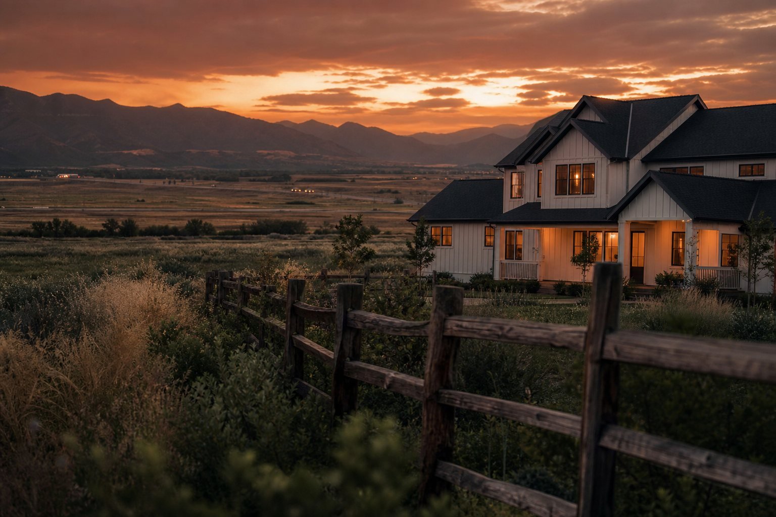 New subdivision home beside old farm fence lines in Farr West, Utah at dusk