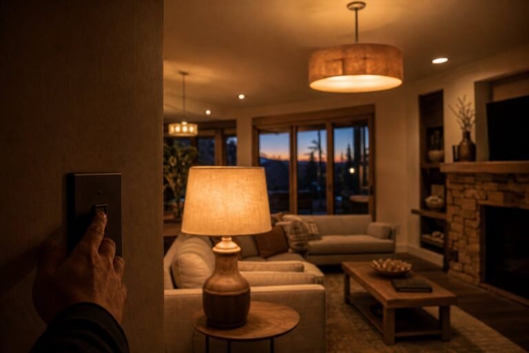 Living room lamp and ceiling fixture glowing unevenly while a homeowner reaches for the switch