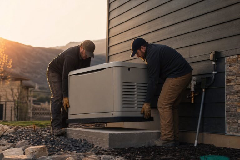 Standby home generator being installed on a new concrete pad beside a Utah home