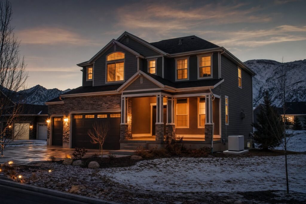 Suburban Utah home at evening with a standby generator sized for essential circuits