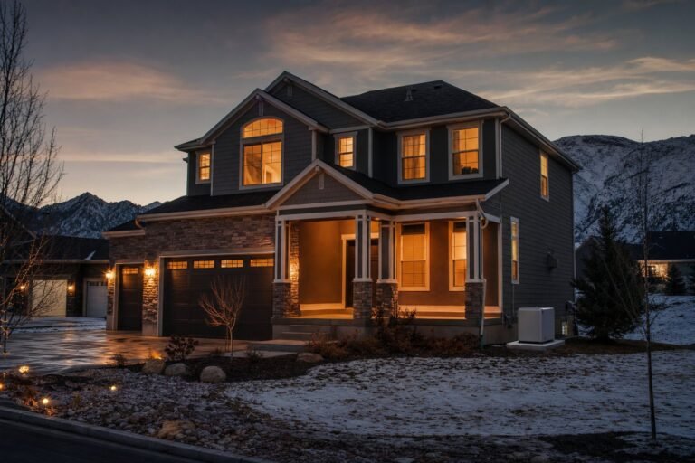 Suburban Utah home at evening with a standby generator sized for essential circuits