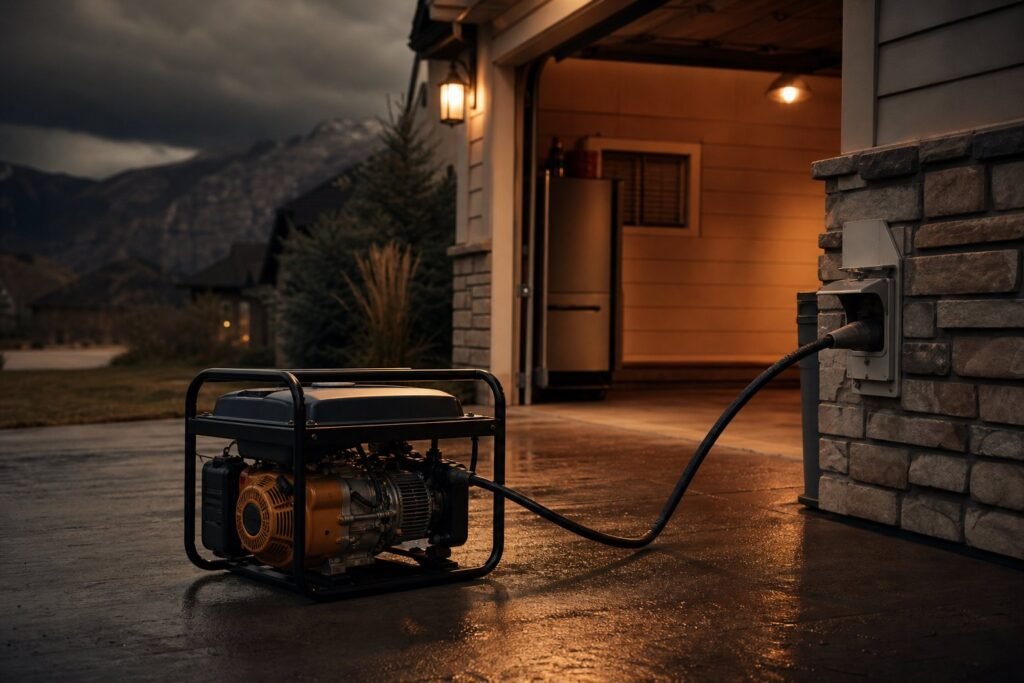 Portable generator connected to a house power inlet box on a Utah driveway at dusk