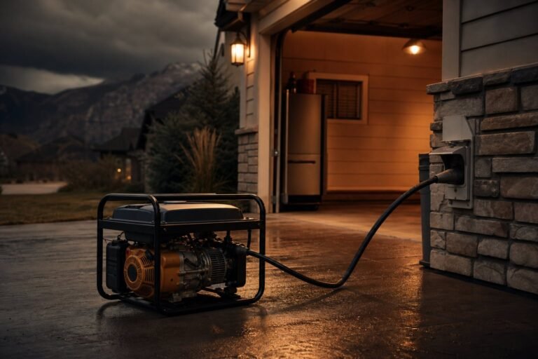 Portable generator connected to a house power inlet box on a Utah driveway at dusk