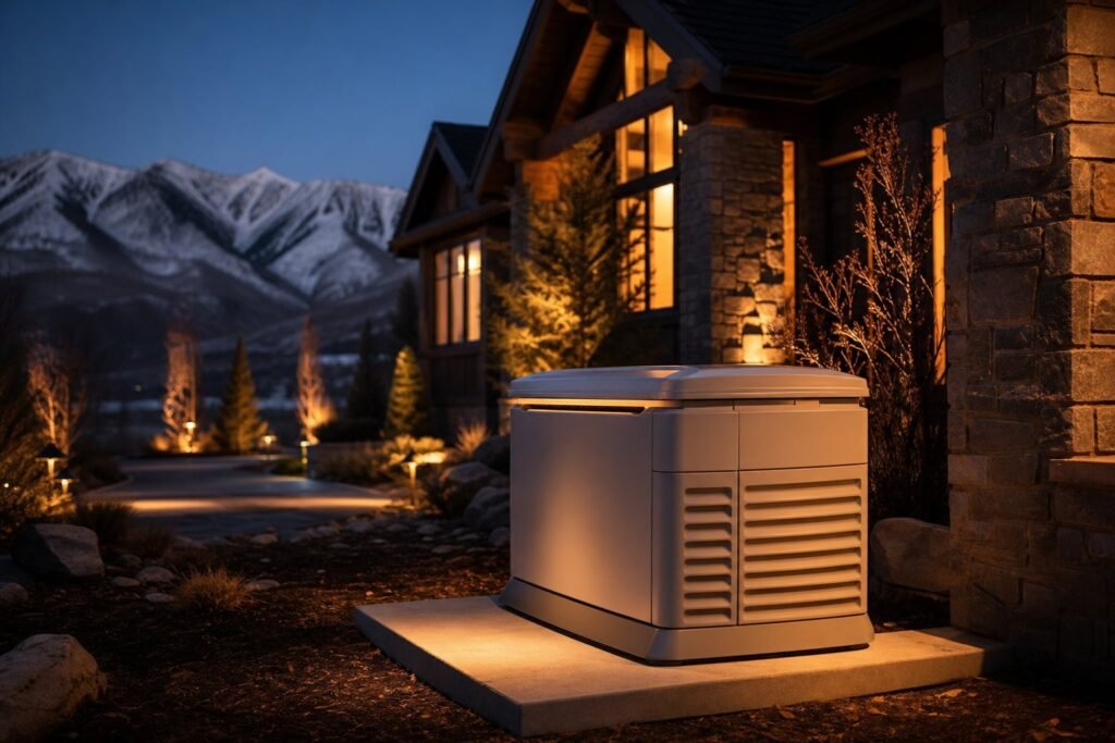 Whole-home standby generator on a concrete pad beside a Northern Utah home at dusk