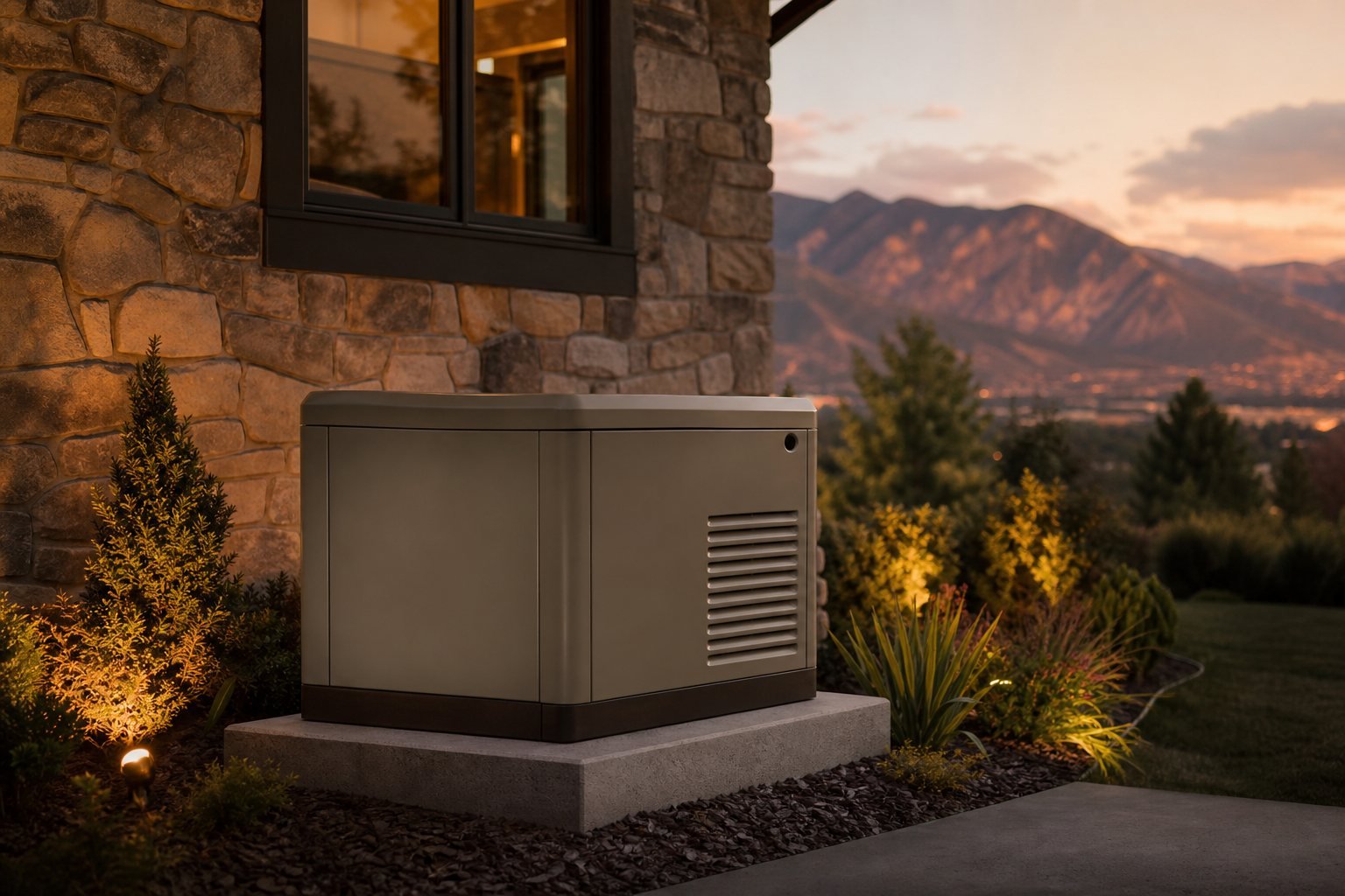 Whole-home standby generator installed on a concrete pad beside a Northern Utah home