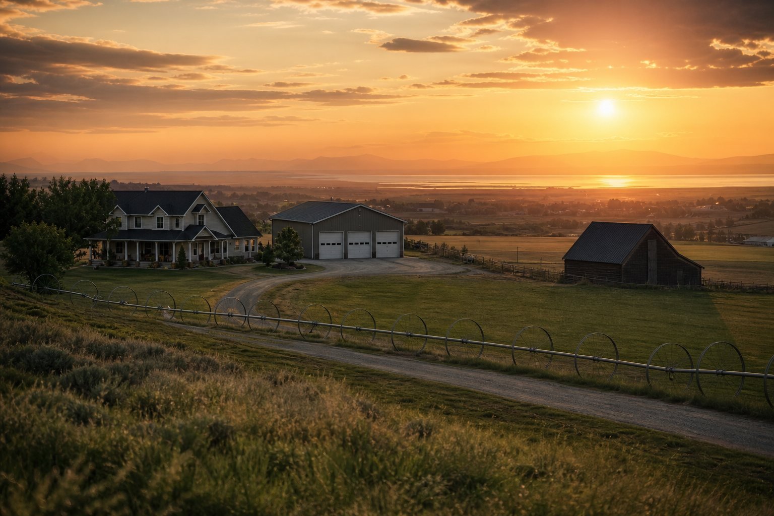 Hooper, Utah farmstead with shop and fields at golden hour near the Great Salt Lake flats