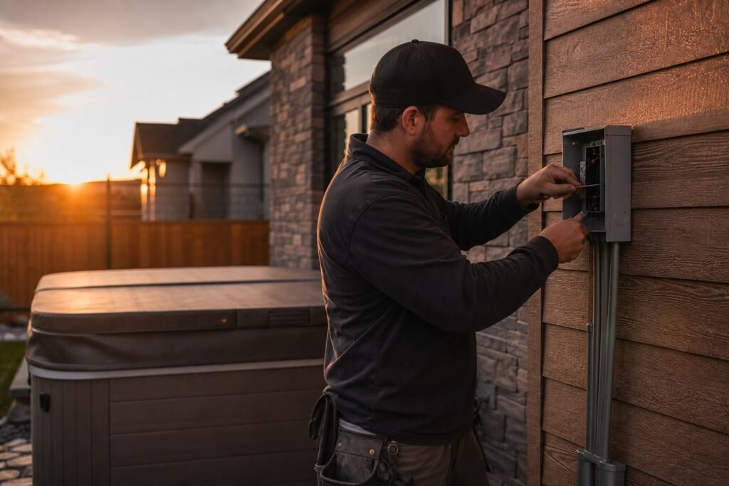 Electrician connecting wiring at an outdoor spa disconnect panel for a new Utah hot tub