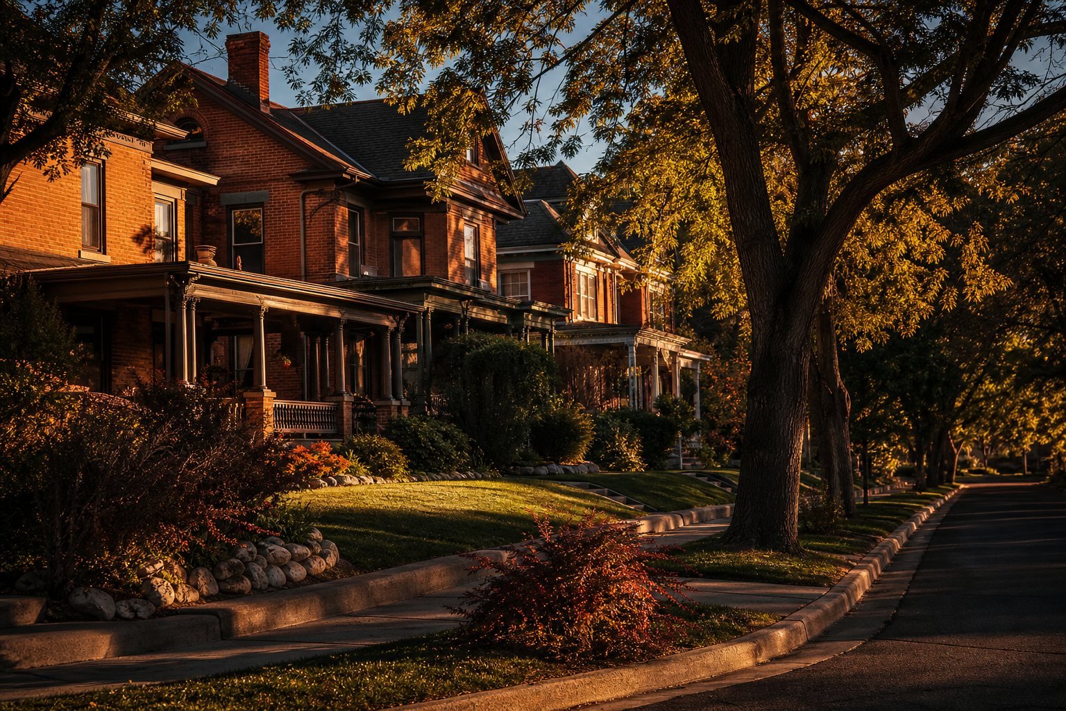 Tree-canopied street of established brick homes in Kaysville, Utah at golden hour