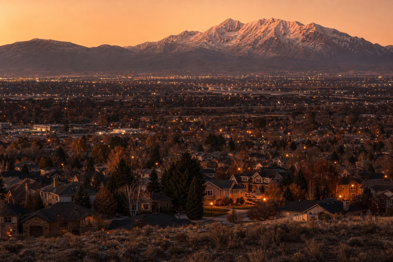 Layton, Utah neighborhoods stretching toward the Wasatch front at dusk