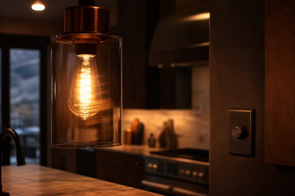 LED filament pendant bulb flickering above a kitchen counter near a wall dimmer