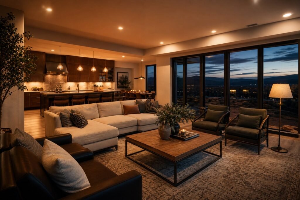 Warmly lit Utah living room and kitchen showing layered recessed, pendant, and lamp lighting