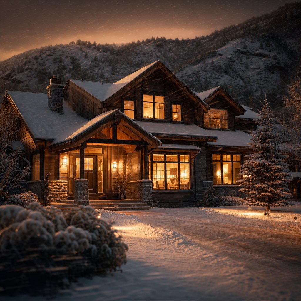 Utah home holding warm light through a windy winter evening