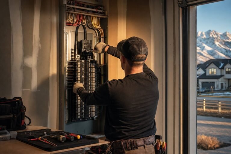 Licensed electrician wiring a new 200-amp electrical panel during an upgrade in a Utah garage