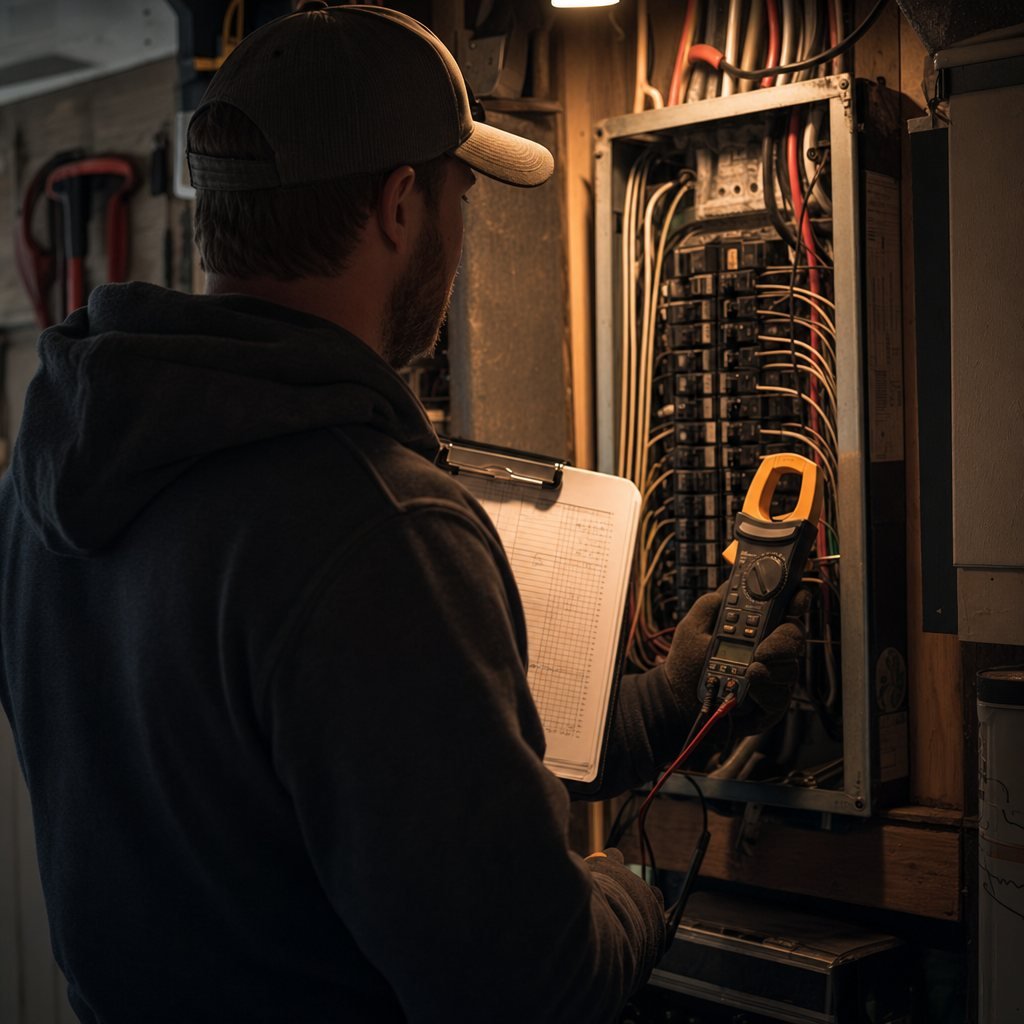 Electrician running a load calculation on an older electrical panel before an upgrade in Ogden, Utah