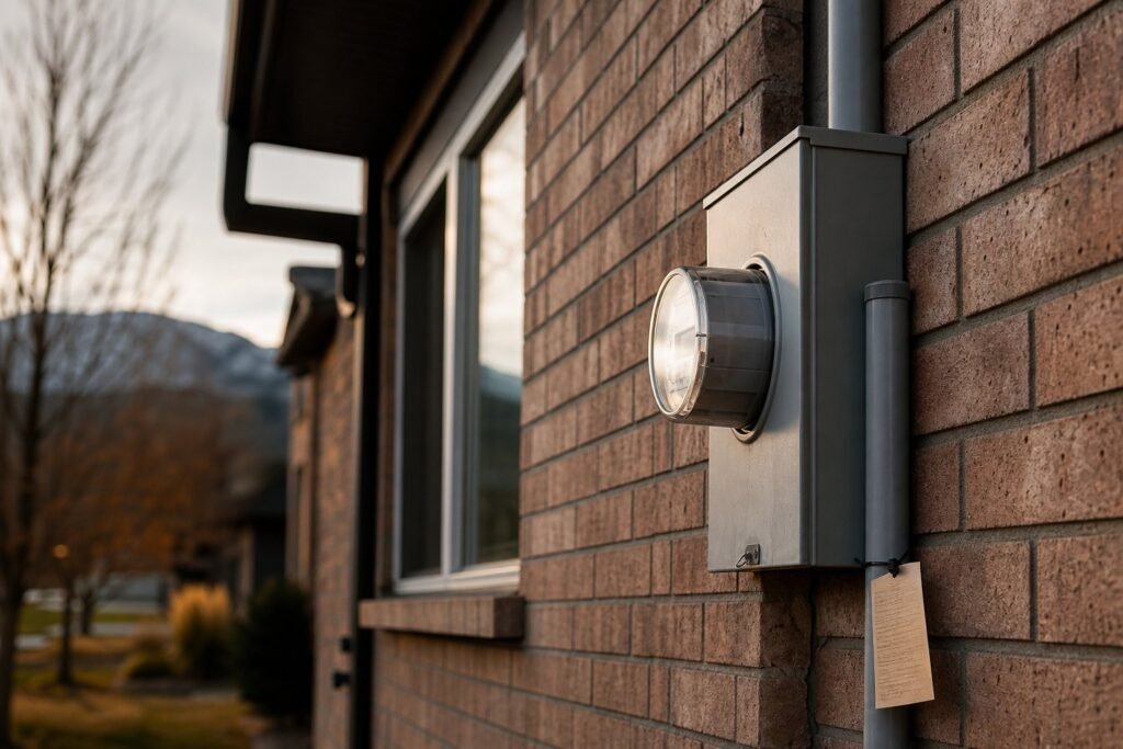 Residential electrical meter base and service mast with a city inspection tag in Utah
