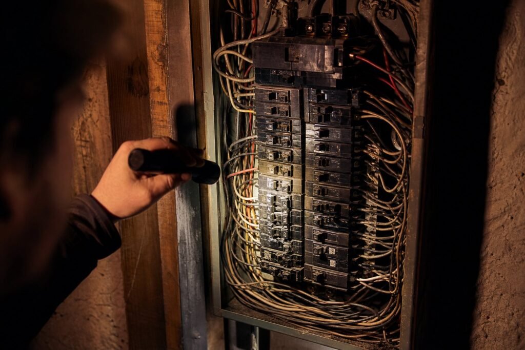 Overcrowded older electrical panel with tandem breakers and no open slots in a Utah basement