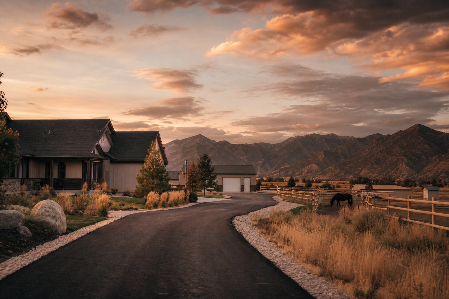 Spacious newer homes with detached shops and horse paddocks in Plain City, Utah at golden hour