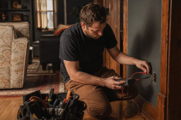 Electrician diagnosing a residential outlet with a multimeter in an older Utah home