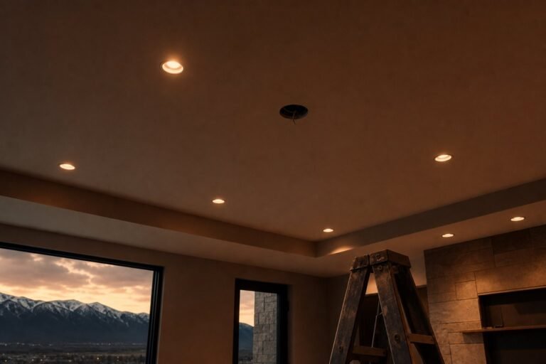 Grid of slim recessed LED downlights mid-installation in a finished ceiling