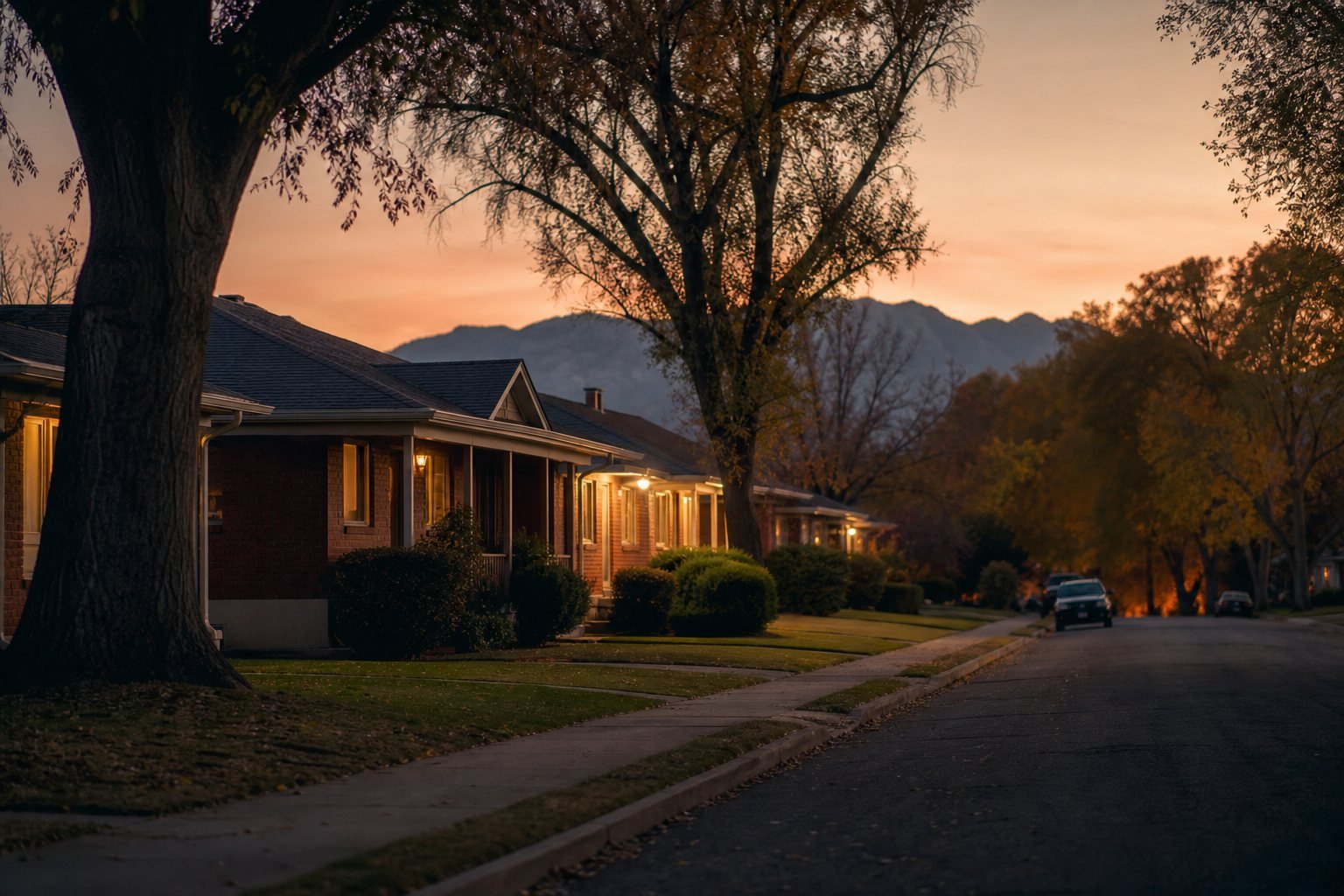Brick rambler neighborhood near the Weber River in Riverdale, Utah at dusk