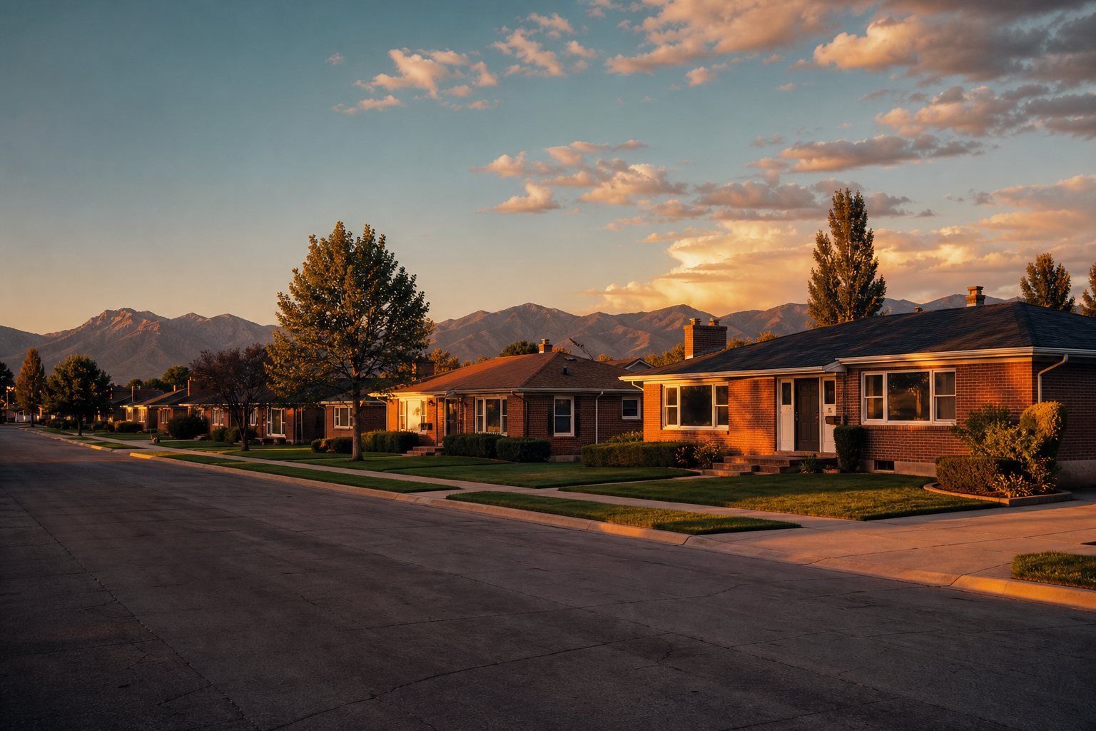 Rows of tidy 1950s brick ramblers in Roy, Utah at golden hour