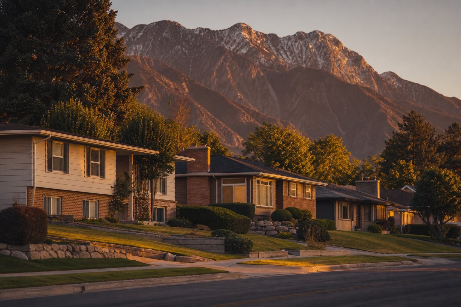 Mid-century bench neighborhood homes in South Ogden, Utah at golden hour below the Wasatch