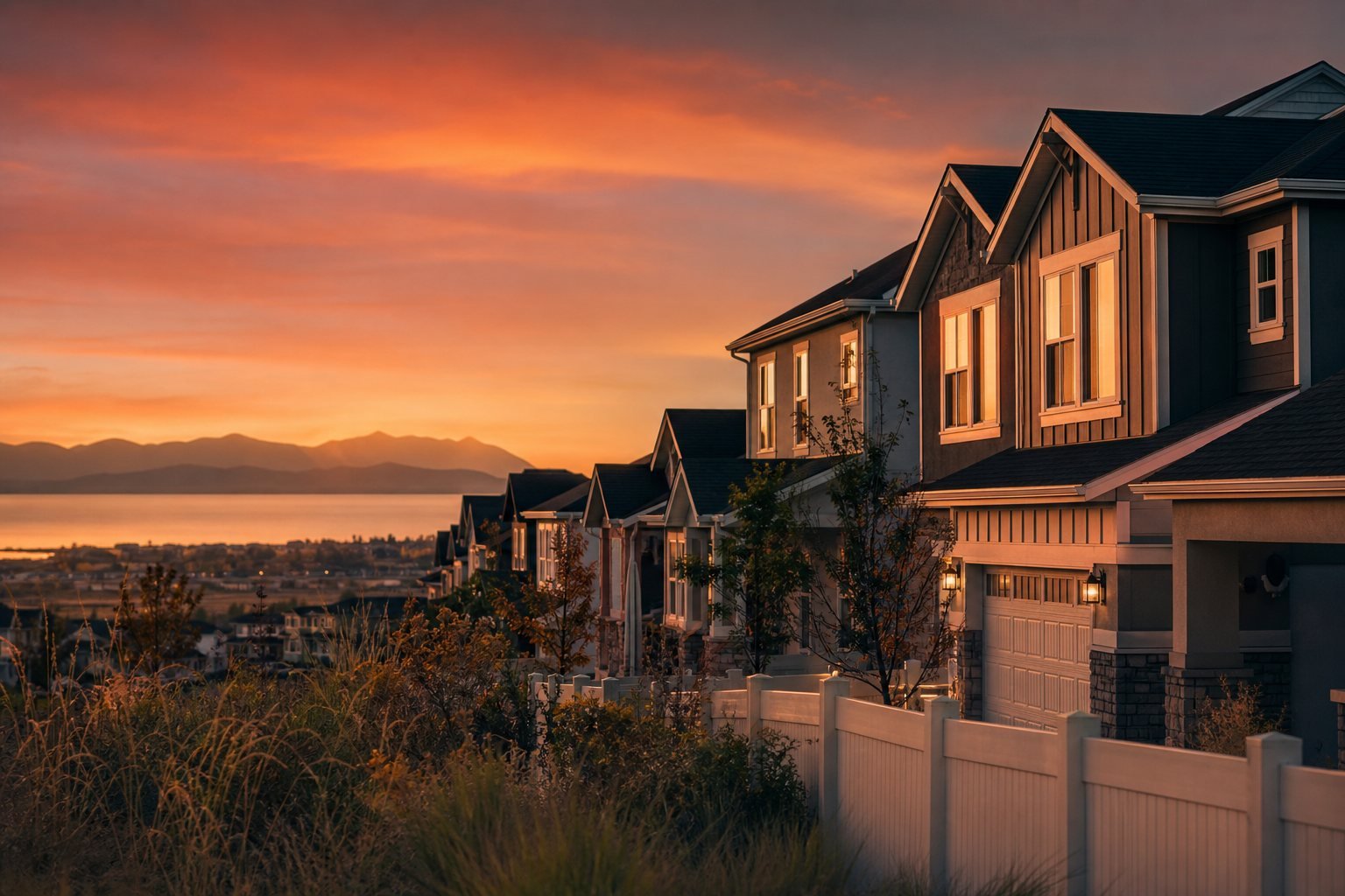 New Syracuse, Utah homes under a dramatic sunset sky near the Great Salt Lake wetlands