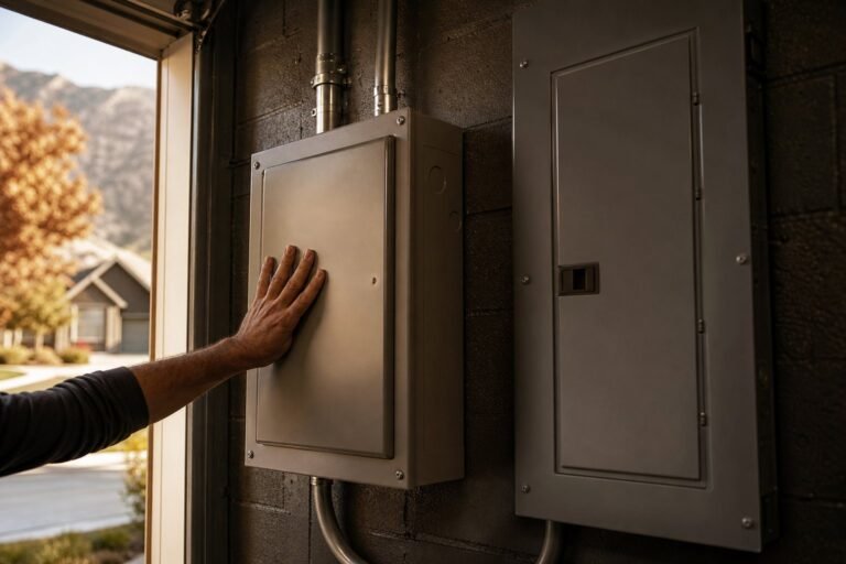 Automatic transfer switch installed beside a residential electrical panel in a garage