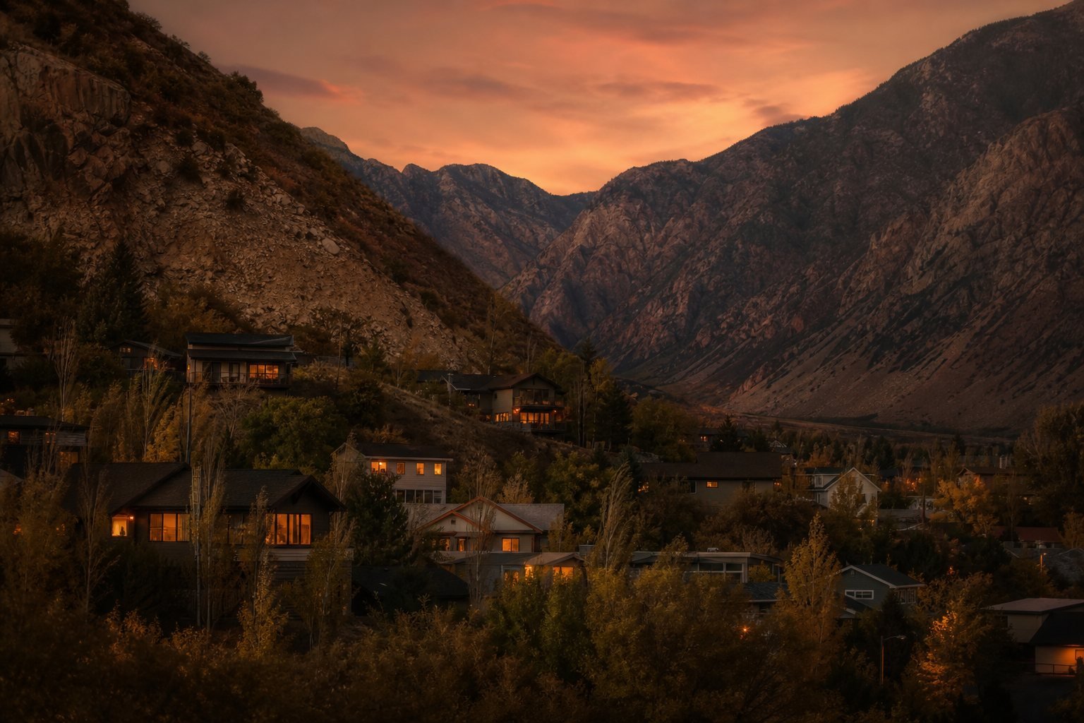 Hillside homes at the mouth of Weber Canyon in Uintah, Utah at dusk
