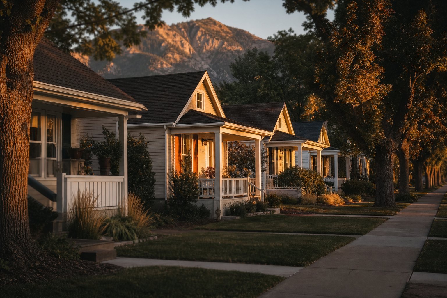 Compact 1940s cottages with mature trees in Washington Terrace, Utah at golden hour