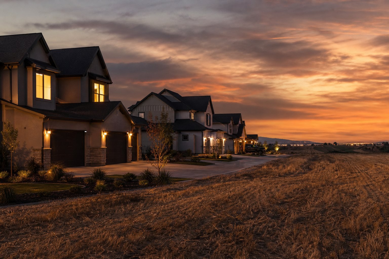 New two-story homes beside remaining farmland in West Haven, Utah at dusk